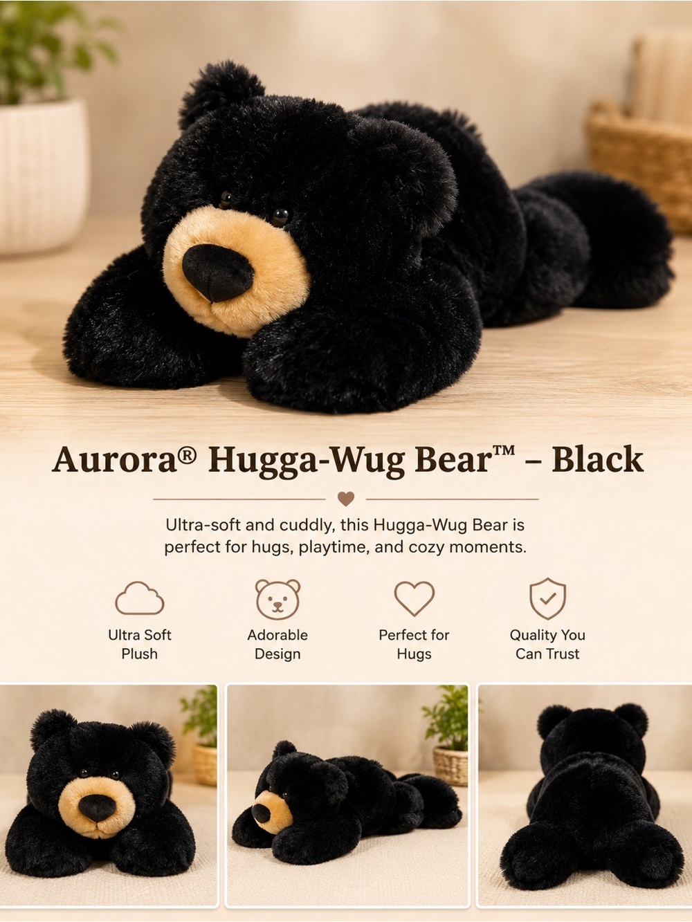 Aurora Hugga-Wug Black Plush Bear